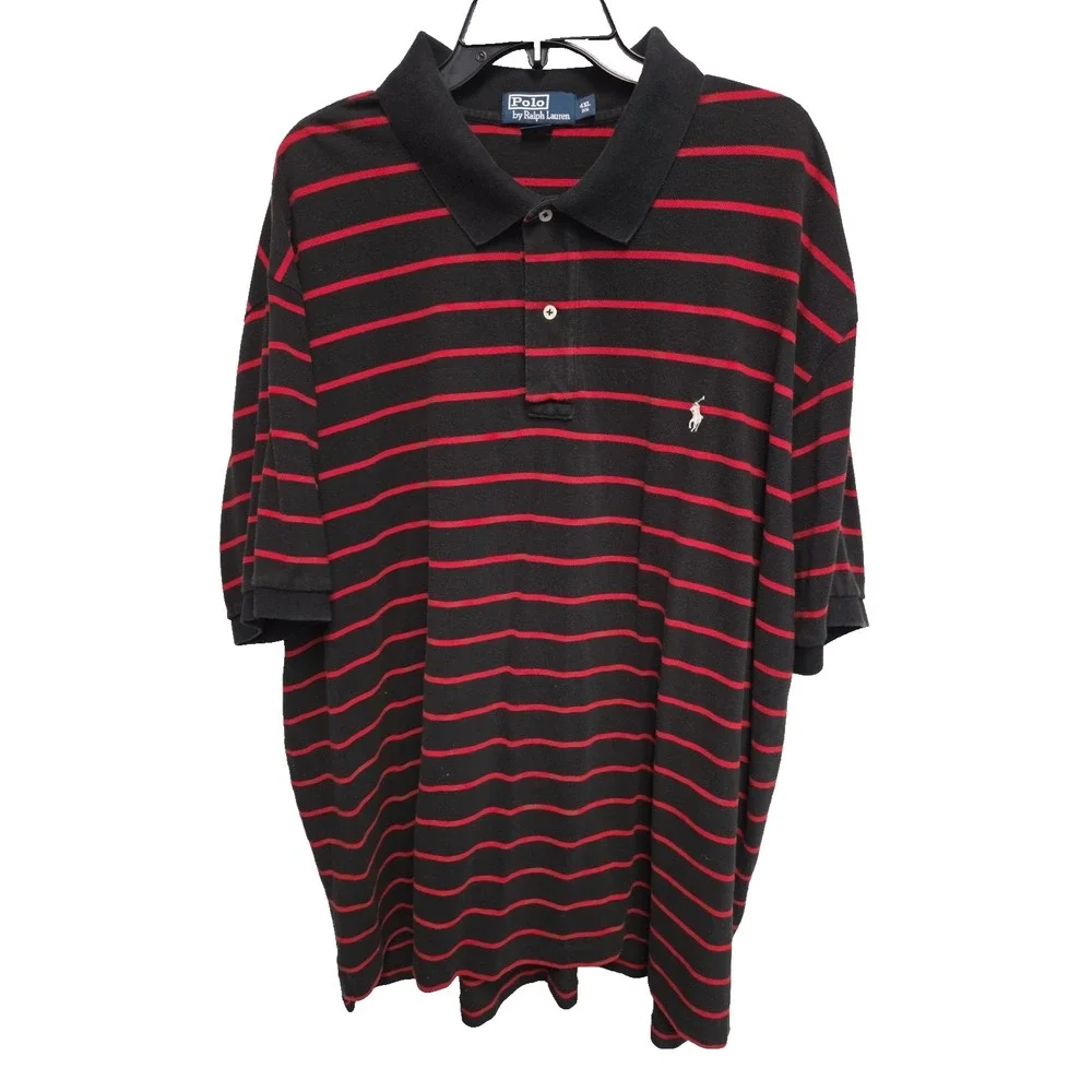 Polo Ralph Lauren Polo Shirt Men 4XB Big Black/Red Stripe SS Pony Logo Cotton